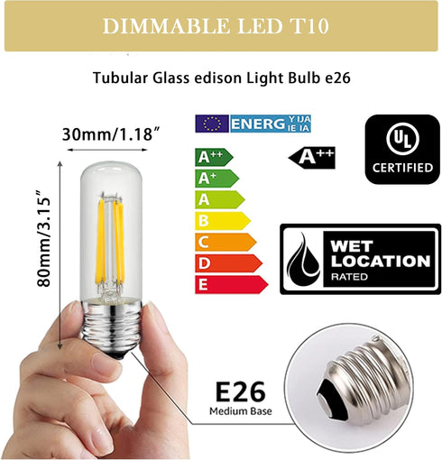 T10 Led Bulb 5000K 3.2 inches, e26 Led Bulb 60 watt Equivalent Dimmable, T25 Tubular Light Bulb, Edison Bulbs 6W e26 Medium Base Lightbulb UL List...