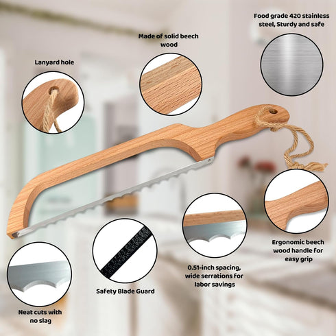 Bread Slicer for Homemade Bread,16" Wooden Sourdough Bread knife with Bow Design,Premium Stainless Steel Serrated Saw Bread cutter for Bagels, Bag...