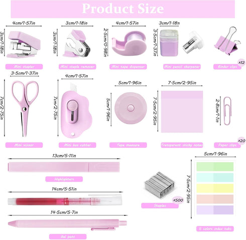 Mini Office Supply Kit, Pink Mini Stapler with Staples and Tape Dispenser Set, Mini Stationary Kit includes Sticky Notes Index Tabs Highlighters G...