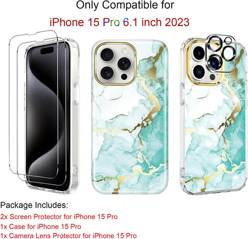 BAISRKE Clear Case Design for iPhone 15 Pro 6.1 inch, with 2 Pack Screen Protectors + 1 Pack Camera Lens Protector Slim Shockproof Women Cute Bump...