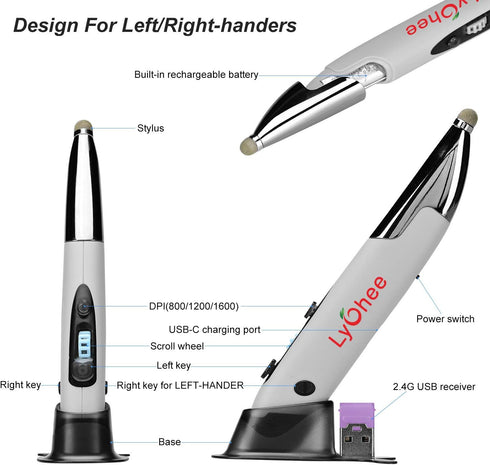 lychee Pocket Pen Mouse Rechargeable, Left/Right-Handed Optical Ergonomic Mouse with Bluetooth and Stylus Function (Grey)......