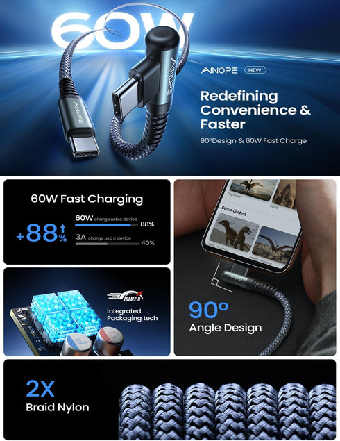 AINOPE USB C Cable, 60W 2-Pack 6.6ft USB C to USB C Cable Type C to Type C Charger Fast Charging Right Angle Nylon USBC to USBC Cable for iPhone 1...