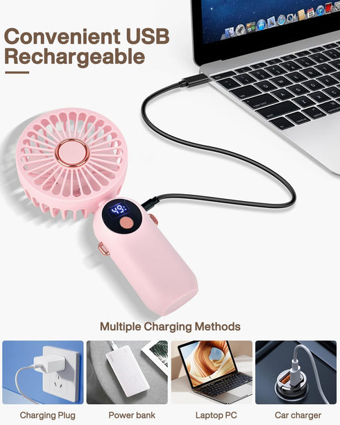 Handheld Fan, Portable Fan Mini Desk Fan 90° Foldable 5 Speeds Standing Fan with Base, Battery Operated Neck Fan with Lanyard, USB Rechargeable Fa...