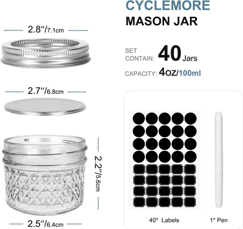 CycleMore 40 Pcs 4oz Clear Glass Mini Mason Jars With Silver Separable Lids and Diamond appearance, Small Spice Canning Jars for Honey, Jam, Jelly...