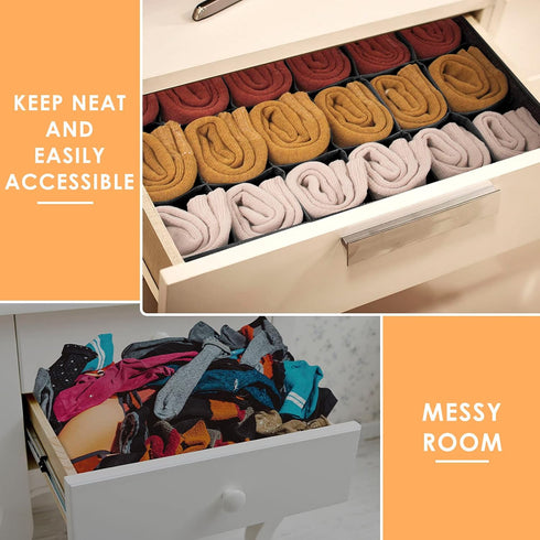 Criusia 3 Pack Closet Organizer Dividers, 64 Cell Fabric Foldable Cabinet Organizers and Storage Boxes for Storing Socks, Underwear, Ties (16+24+2...