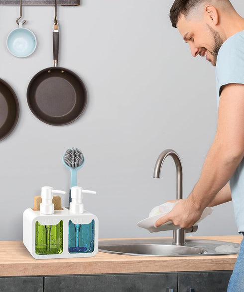 kitchen Hand Soap and Dish Soap Dispenser Set, Dual Soap Dispenser with Sponge Caddy and Brush Holder 4-in-1 Organizer for Kitchen Sink Countertop...