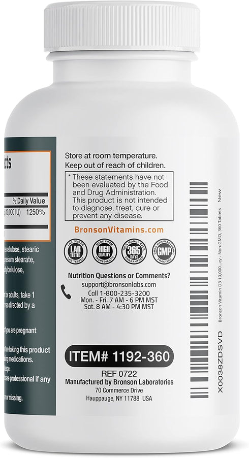 Bronson Vitamin D3 10,000 IU (250 MCG) 1 Year Supply for Healthy Muscle Function and Immune Support, Non-GMO, 360 Tablets...