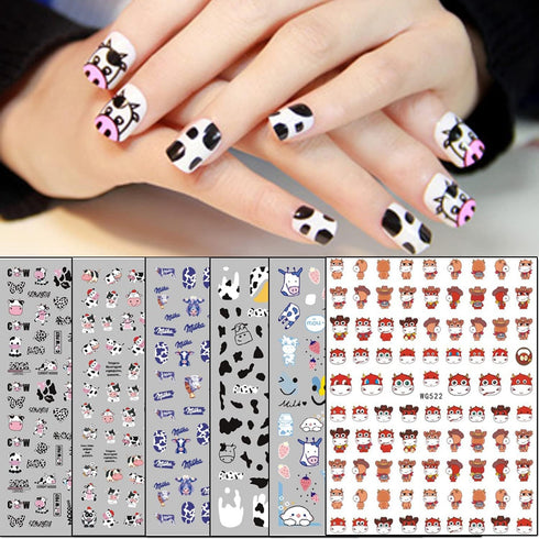 Cute Cow Nail Art Stickers, Cartoon Cow Nail Decals 3D Self-Adhesive Nail Sticker Design Holographic Cattle Nail Art Decal Decoration for Women Gi...