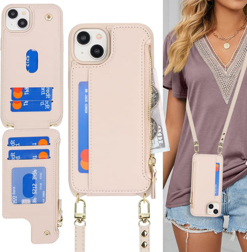 Cavor for iPhone 13 Case with Card Holder,iPhone 13 Wallet Case for Women,Phone Case iPhone 13 Case with Strap,Crossbody Lanyard and Wristlet,Leat...