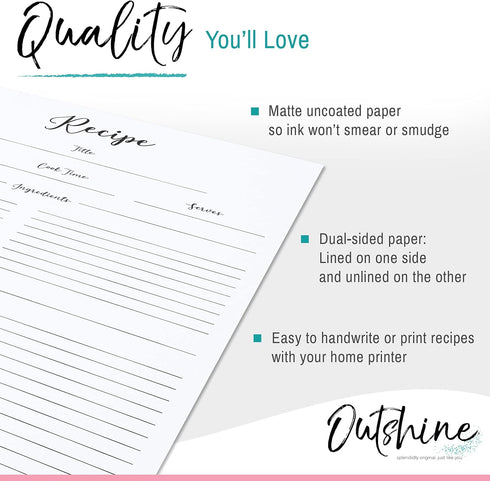 Outshine Premium Recipe Paper for 8.5" x 11" Recipe Binders, Farmhouse Design (50 Sheets) | Full Size Recipe Refill Pages for Binder | Recipe Card...