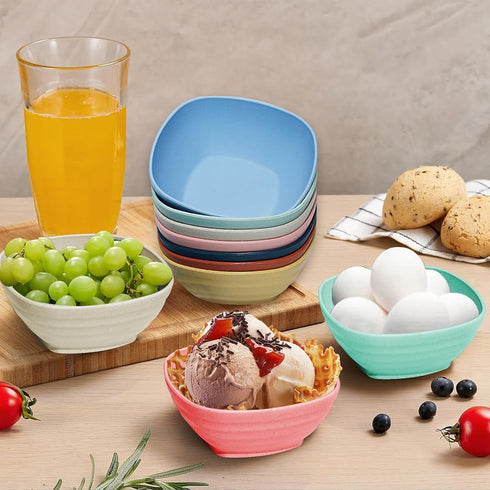8 Pack 5.4 inch Square Plastic Snack Bowl Set, 20 Oz Unbreakable Wheat Straw Cereal Bowls, Lightweight Durable Salad bowls, Mini Prep Bowls for Ri...