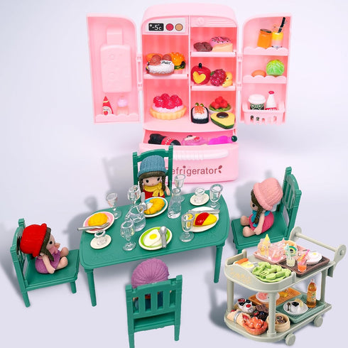Dollhouse Mini Toy Fridge Green Table Dining with Mini Food Play Refrigerator for Kids Kitchen Furniture Fruits Vegetable Drink Milk Desserts for ...
