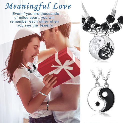 8 Pieces Matching Yin Yang Pendant Necklace Bracelet Set Couple Necklace Adjustable Cord Bracelet Black White Bracelet Accessories for BFF Friends...