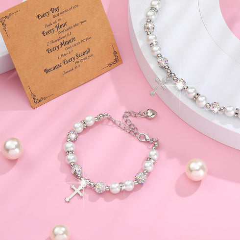 12 Pcs Christian Gifts for Women Men Baptism Gifts Cross Bracelet Rhinestone Charm Pearl Bracelet Religious Catholic Gifts Christian Religious Cro...