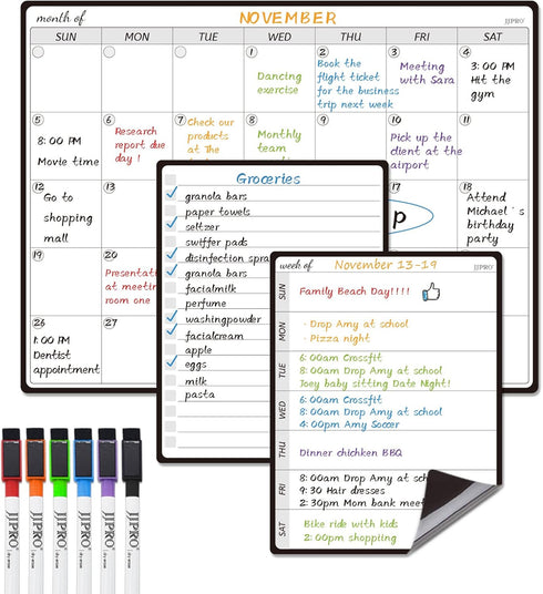 JJPRO Magnetic Monthly Calendar Whiteboard Set for Fridge-Monthly Planning Board and Two Bonus Dry Erase Grocery Board&Weekly Menu Board-Meal Plan...