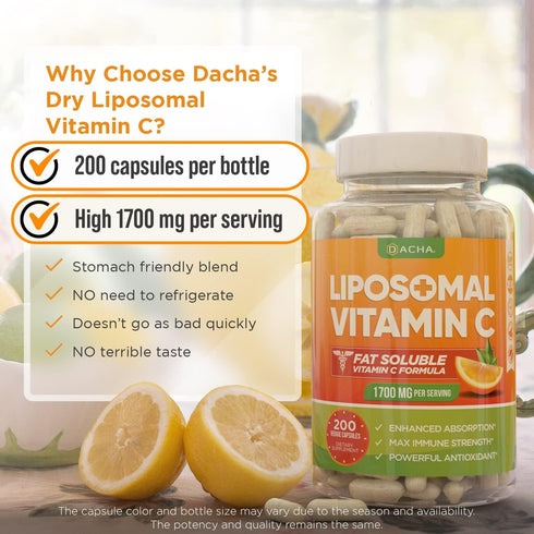 DACHA Natural Liposomal Vitamin C - 1700mg, 200 Capsules, Immune System & Collagen Booster, High Absorption Fat Soluble VIT C, Buffered, Skin Vita...