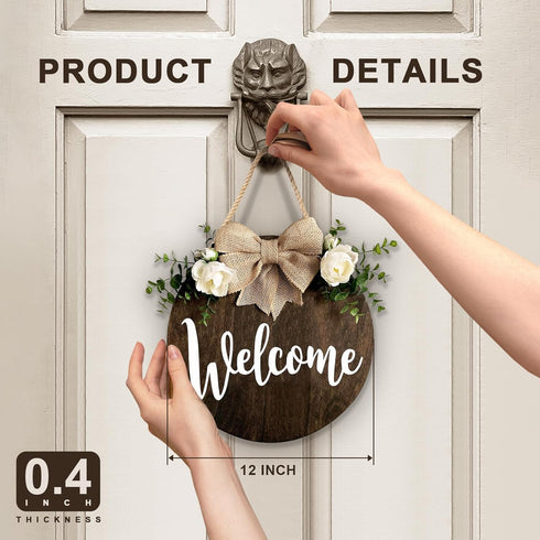 MayAvenue Welcome Wreaths Decor Sign Front Door, Round Wood Hanging Sign with Ribbon Bow and Artificial Green Leaves, Farmhouse Porch Decorations ...