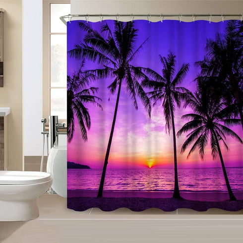 Sunset Beach Shower Curtain Tropical Palm Tree Landscape Waterproof Fabric Curtains for Bathroom Decor with 12 Hooks 72x72 Inches...