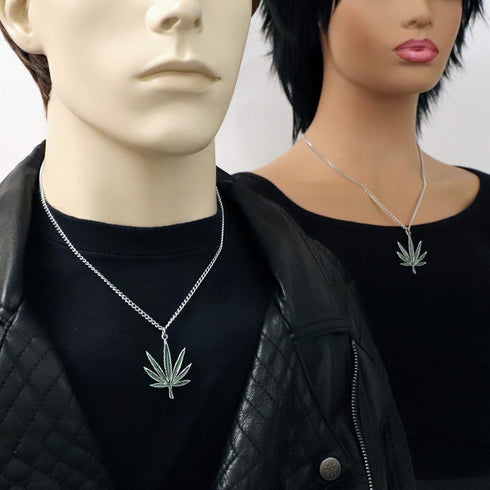 Marijuana Weed Pot Leaf Green Enamel on Silver Finish Pewter Pendant Necklace...