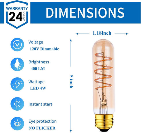 T10 LED Bulbs 40 Watt Equivalent 4W Dimmable Edison Tubular Light Bulb E26 Medium Base 2700K Warm White, T10 Vintage Amber Glass Spiral Filament L...