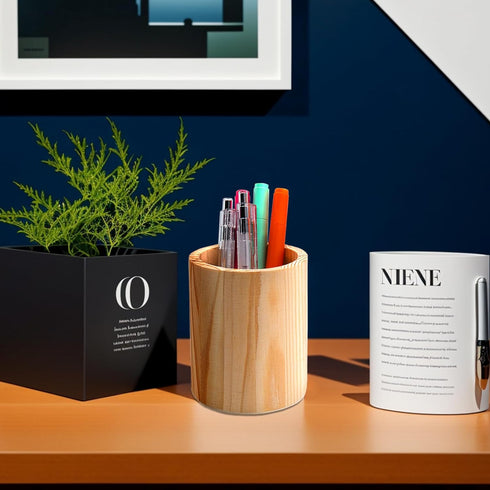 Wood Pen Holder Desk, DIY Pencil Cup Makeup Brush Holder, Desktop Organizer Storage Case Stationery for School Home Office Supplies (Circular)...