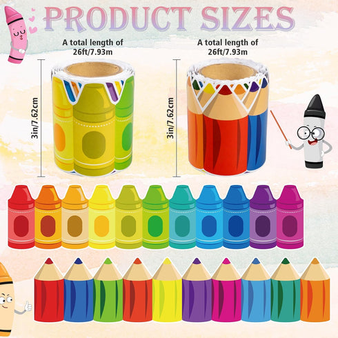 52ft Bulletin Board Border Decorations - 2 Rolls Rainbow Crayon Border Trim for School Classroom Chalkboard Bulletin Board Wall Window Door Decor...