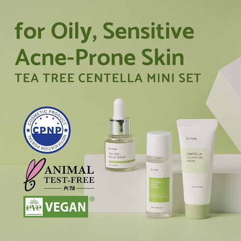 iUNIK Centella Mini Set Travel-Friendly Skincare Set Ultra calming and hydrating for sensitive skin - Tea Tree Relief Toner,Serum, Centella Calmin...