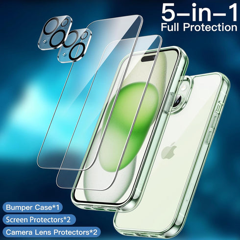 JETech 5 in 1 Case for iPhone 15 Plus 6.7-Inch with 2-Pack Each Tempered Glass Screen Protector and Camera Lens Protector, Non-Yellowing Shockproo...