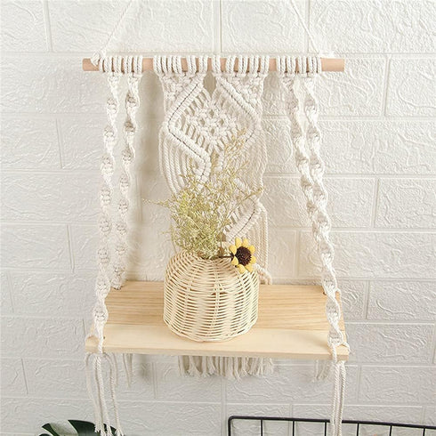 Macrame Wall Hanging Plant Decor Shelf Indoor Outdoor Floating Wood shelve Decorative Hand Made Rope Boho Shelving for Plants...