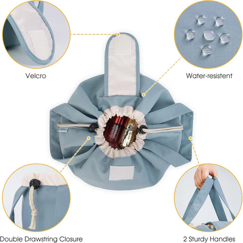 Barrel Drawstring Makeup Bag Large Cosmetic Bag Make up Bags Toiletry Organizer for Women (Greyish Blue) (Patent Pending)...