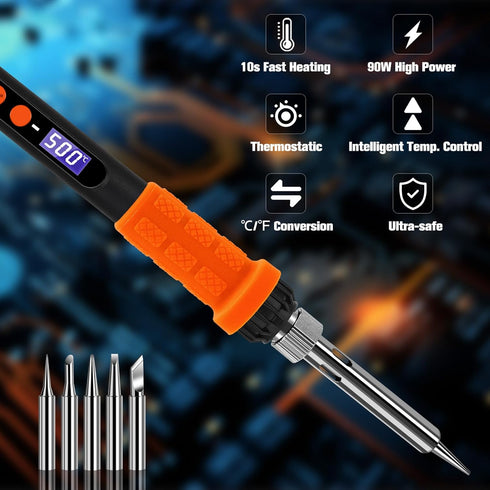 Soldering Iron Kit, 90W LED Display Adjustable Temperature Soldering Iron Automatic Sleep Mode Soldering Gun with 5PCS Tips, Solder Wire, Stand, F...
