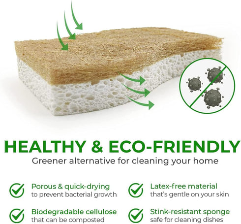 24 Pack Natural Kitchen Sponge - Biodegradable Compostable Cellulose and Coconut Scrubber Sponge - Eco Friendly Sponges for Dishes...