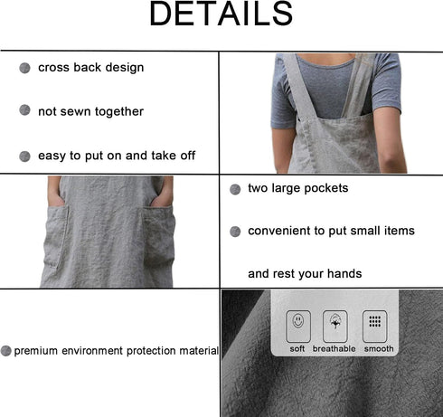 ZQFFB Pinafore Cross Back Apron for Women with Pockets Japanese Smock for Work Gardening Cooking Painting Baking...