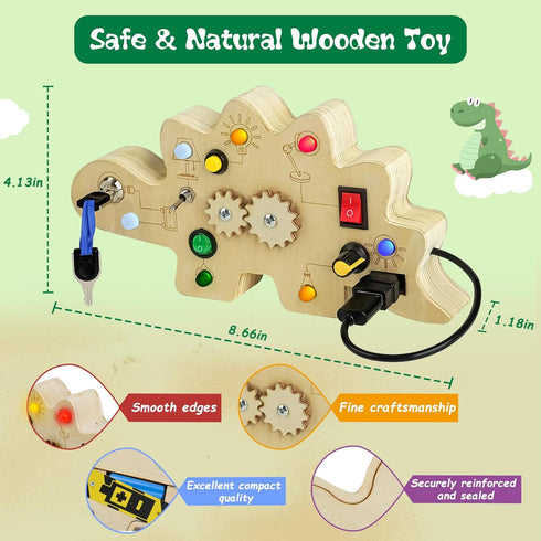 Toddler Busy Board, Montessori Toys for 1-3 + Year Old Baby, Wooden Busy Board with Led Light, Dinosaur Toddler Toys Sensory Toys Travel Toys for ...