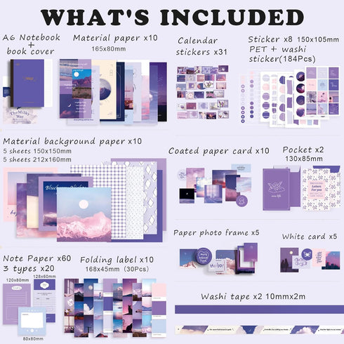 Draupnir Aesthetic Scrapbook Kit(348pcs), Bullet Junk Journal Kit with Journaling/Scrapbooking Supplies, Stationery,A6 Grid Notebook with Graph Ru...