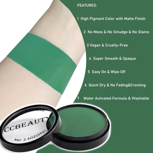 CCbeauty 68g Dark Green Face Body Paint - Water Activated St. Patrick's Day Face Painting, Non-Toxic Water Based Halloween Makeup Kit Supplies, Hy...