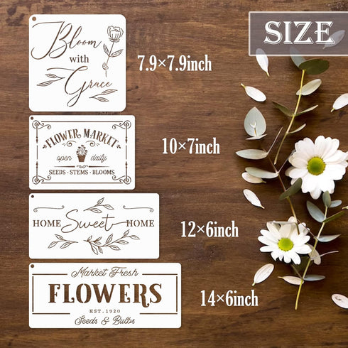 Flower Market Stencil for Crafts Spring Farmhouse Stencils for Painting on Wood Burning Wall, Large Garden Kitchen Embroidery Stencils Paint Art H...