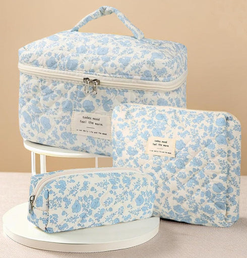 3 Pcs Cotton Quilted Makeup Bag Set,Floral Makeup Bag,Cute Makeup Bag,Travel Makeup Bag,Large Toiletry Cosmetic Bag Makeup Bag Organizer for Women...