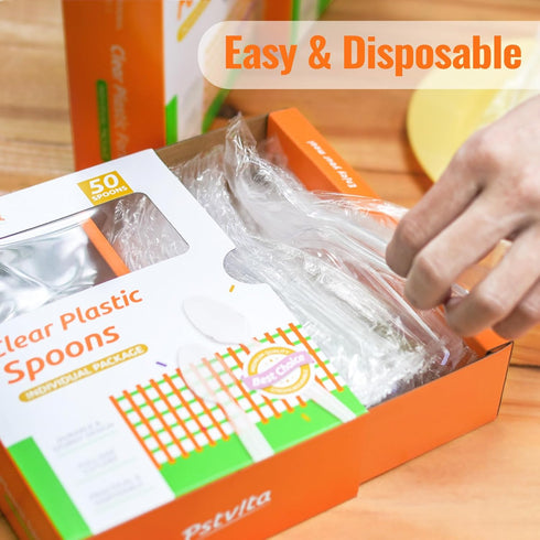 Disposable Plastic Spoons Clear, Pack of 50 Individually Wrapped...