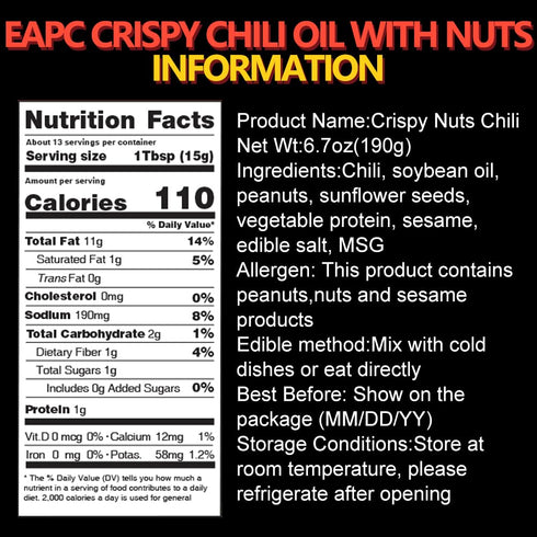 EAPC Crispy Nuts Chili Oil, Extra Crunchy Nuts Chili Sauce with Peanuts, Sunflower Seeds, Sesame, Chili Crisp Oil Sauce, Ready to Eat and Use as S...
