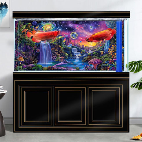 Aquarium Background with Galaxy Space Planet Design, Waterfall Landscape Tapestry Fantasy Mountain Wave Wall Tapestry Mysterious Neon Plants Fish ...