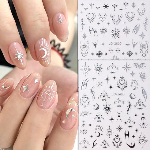 Laser Silver Nail Art Sticker Decal Sun Moon Butterfly Design Nail Decals 3D Self-Adhesive Nail Art Supplies Love Heart Flower Flame Nail Art Stic...