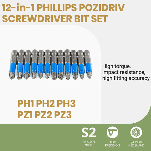 Anti Slip Phillips Cross Slot Pozidriv Screwdriver Bit Set 12PCS 1/4 Inch Hex Shank 2 Inch/50 mm Length S2 Steel with Magnetic for Power Screwdriv...