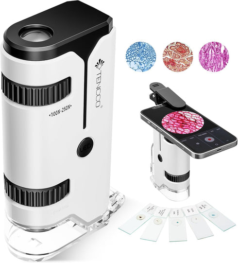100x-250x Mini Pocket Microscope for Kids Adults, Protable Handheld Microscope with 5 Microscope Slides, Phone Adapter, Miniscope Portable Microsc...
