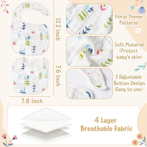 7Pcs Baby Muslin Bibs Baby Burp Cloths Absorbent Cotton Infant Bib Adjustable Resin Button Bibs Flower Pattern Infant Bibs Drooling Feeding Eating...