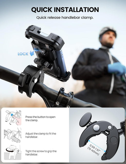 Lamicall Motorcycle Phone Mount, Bike Phone Holder - Upgrade Quick Install Handlebar Clip for Bicycle Scooter, Cell Phone Clamp for iPhone 15 Pro ...