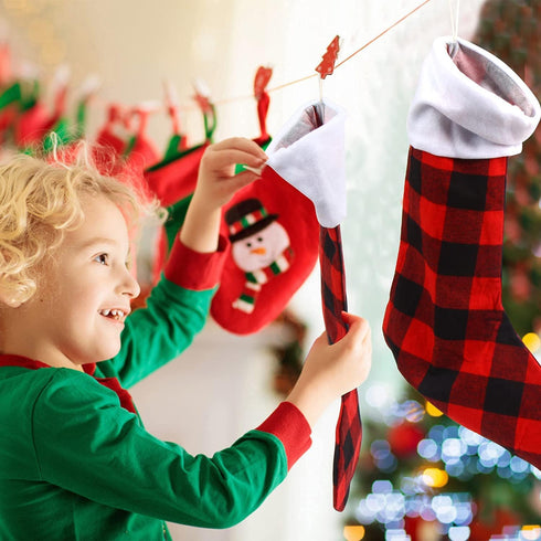 DERAYEE 6 Pack Christmas Stockings Bulk, 18 Inch Large Red Black Buffalo Plaid Fireplace Hanging Stockings for Family Holiday Xmas Party Decoratio...