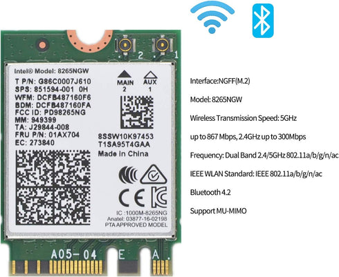 8265AC/8265NGW Wireless NIC Module M.2 NGFF for Jetson Nano Support 2.4GHz / 5GHz 300Mbps / 867Mbps Dual Band WiFi and Bluetooth 4.2 | Assembly In...