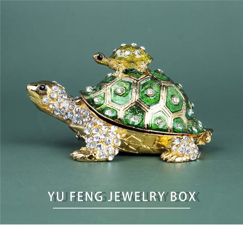 YU FENG Crystals Bejeweled Turtle Trinket Box Hinged Enameled Mother-Child Tortoise Animal Figurine Jewelry Ring Holder Box...