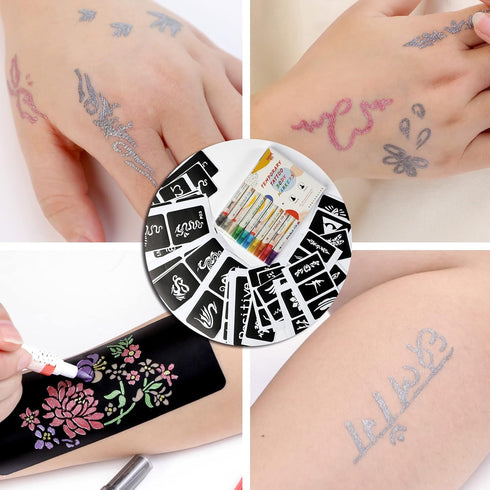 HAWINK Temporary Tattoo Markers for Skin, 10 Body Markers + 56 Large Tattoo Stencils for Kids and Adults, Dual-End Tattoo Pens Make Bold and Fine ...